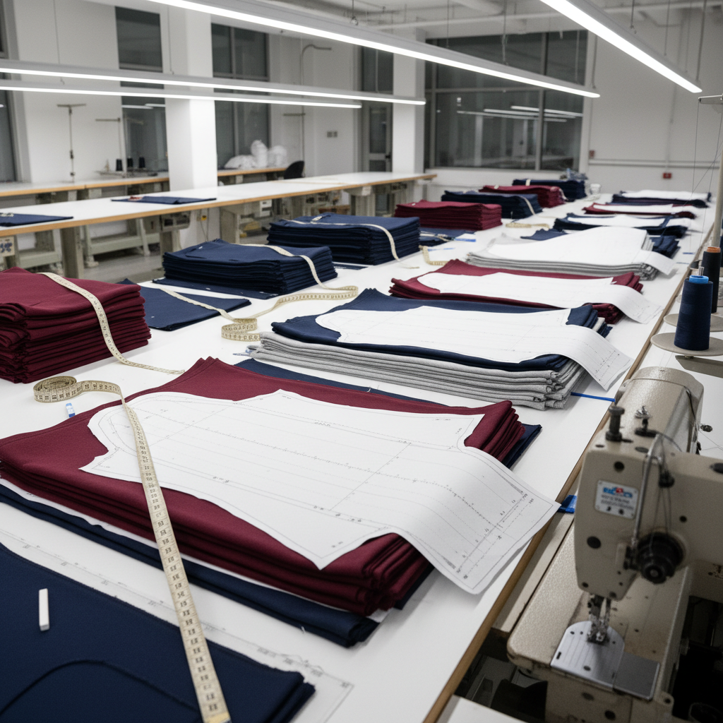 A production table inside a clean, modern garment workshop, covered with cut fabric panels for uniforms and graduation hoodies in navy, maroon, and heather grey. Precision-cut patterns, measuring tapes, tailor’s chalk, and an industrial sewing machine partially visible at the edge of the frame convey a high-quality manufacturing process. Overhead neutral-white LED lighting provides bright, even illumination, making textures and edges sharply defined in photographic realism. Captured from an overhead three-quarter angle with sharp focus across the scene, the composition emphasizes order, accuracy, and professional workflow, visually communicating the meticulous production behind school uniforms and graduation hoodies.
