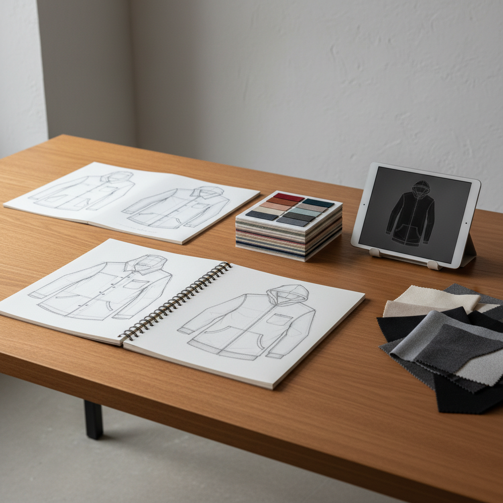 A minimalist, modern design studio workspace featuring a wooden desk with open sketchbooks showing detailed uniform jacket and hoodie technical drawings, alongside neatly arranged color swatch books, fabric samples, and a digital tablet displaying a 3D hoodie mockup. The scene is set against a neutral light-grey wall with a subtle texture, conveying a professional design environment. Diffused daylight from an unseen window to the left creates soft, even illumination, with delicate shadows beneath each object. Captured in photographic realism from a slightly elevated angle, the composition uses rule-of-thirds framing, with a shallow depth of field that gently blurs the far edge of the desk, creating a focused, thoughtful atmosphere of precise, tailored design work.
